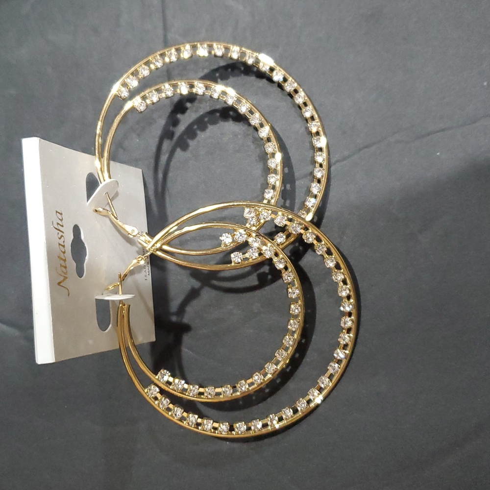 Natasha couture gold tone cz crystal rhinestone studded double hoop earrings new - Picture 5 of 10